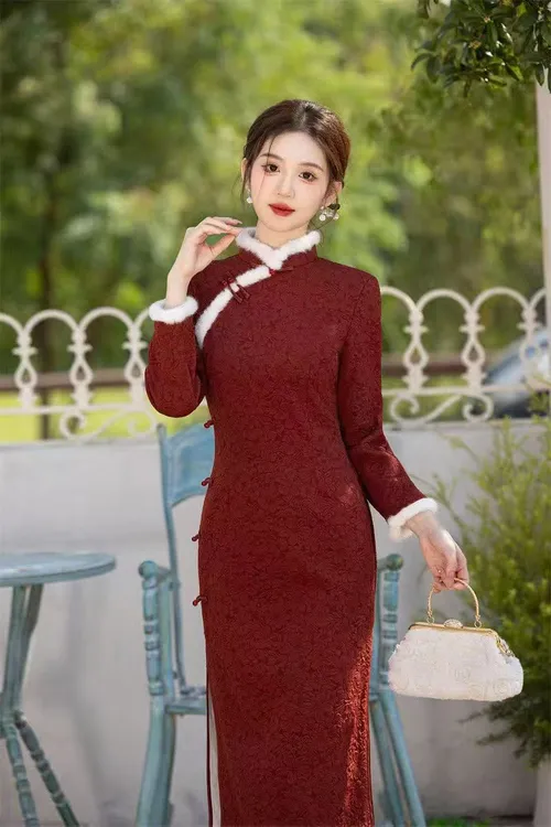 【华夫人】红色提花复合加绒冬季新品气质优雅显瘦日常