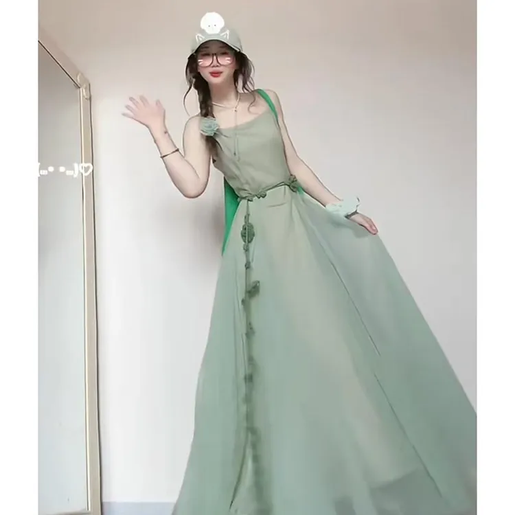 【B Y】夏季法式名媛收腰显身材时尚无袖方领中长款温柔吊带连衣裙