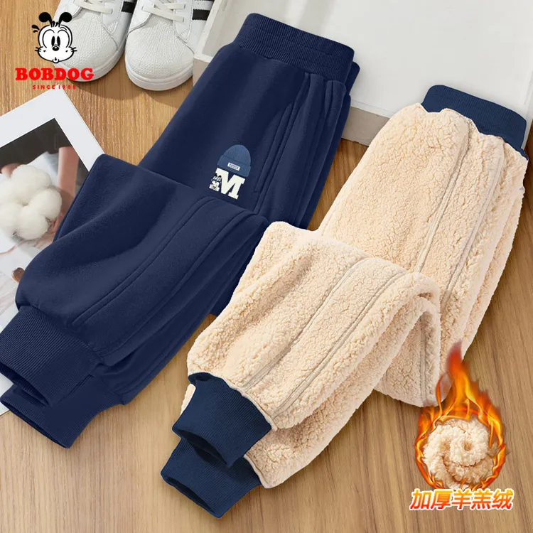 巴布豆童装男童裤子冬季中大童宽松运动裤儿童加绒加厚羊羔绒长裤
