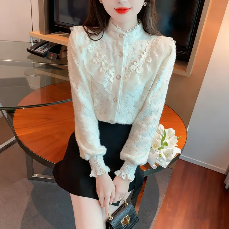 加绒加厚蕾丝打底衬衫女士秋冬新款法式高档长袖内搭上衣减龄衬衣