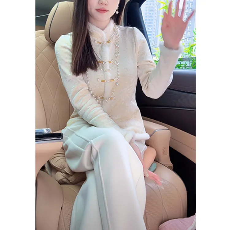 2025秋冬新款加绒加厚新中式时尚收腰气质显瘦上衣打底衫