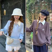 2025秋装胖mm大码女装学院风刺绣翻领长袖卫衣休闲宽松上衣80327