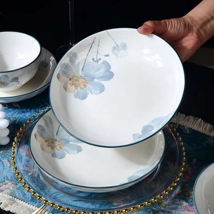 8英寸6个装盘子兰花花手捏纹陶瓷菜盘加厚盘家用釉下彩碗盘餐具
