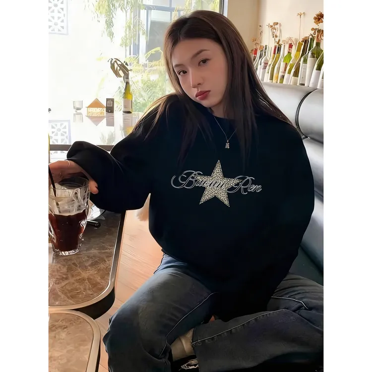 黑色圆领卫衣女秋冬季韩版时尚宽松大码胖MM加绒加厚套头上衣潮牌