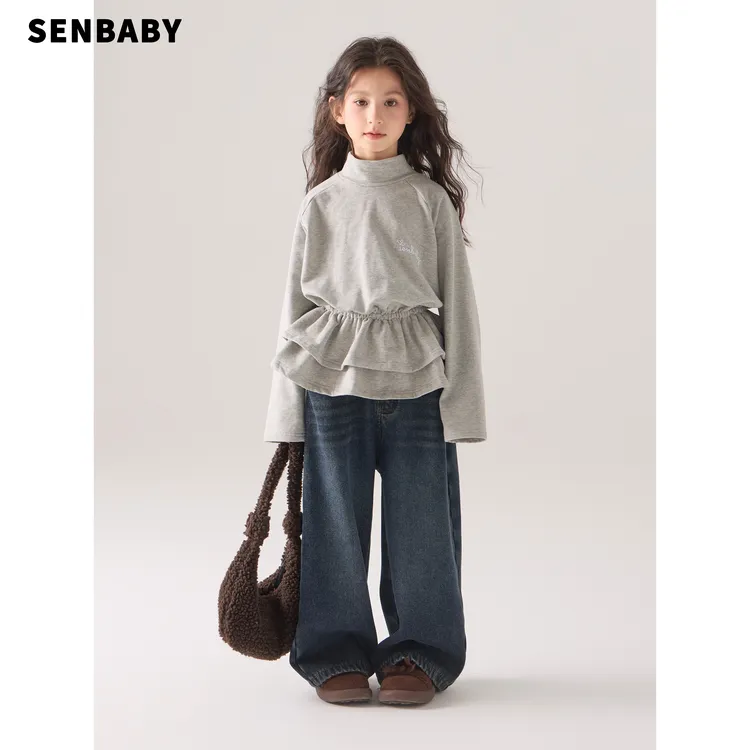 senbaby童装女童洋气上衣2025冬新款韩版灰色刺绣裙摆打底衫