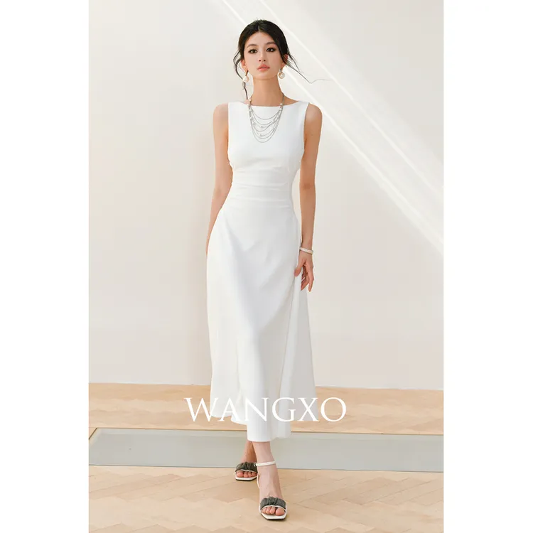 WANGXO 法式一字领收腰大伞摆连衣裙 253615W