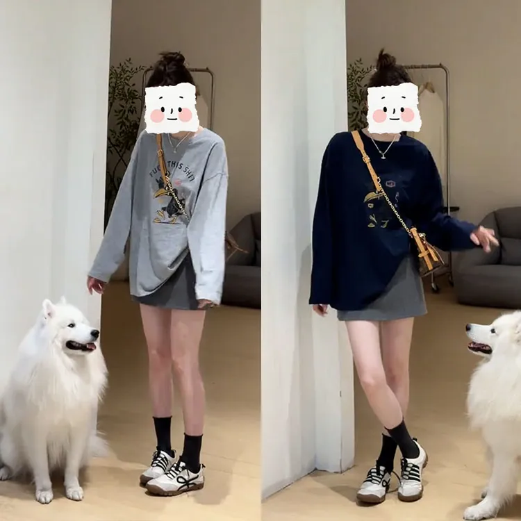 早秋时尚小个子百搭小洋装韩系简约宽松印花上衣半身裙显瘦两件套