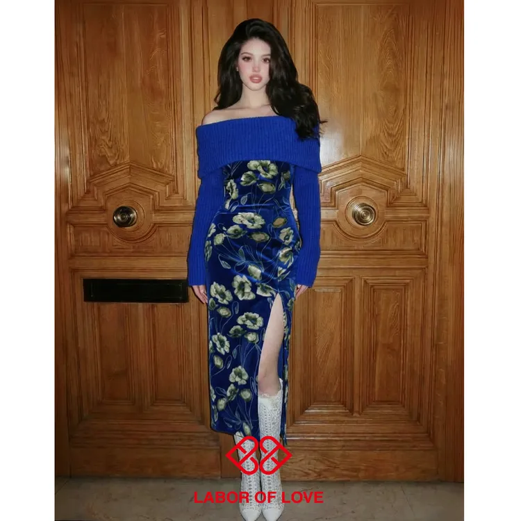 Labor of Love 夜莺 原创设计克莱因蓝毛衣拼烫金丝绒长袖连衣裙