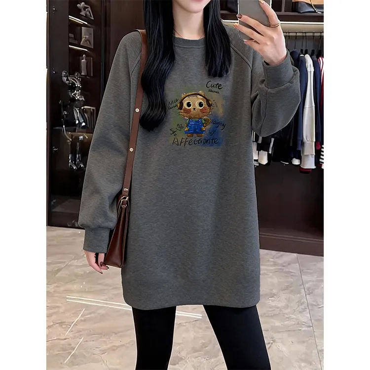 日常通勤风圆领插肩袖宽松显瘦双面德绒保暖中长款遮臀长袖上衣