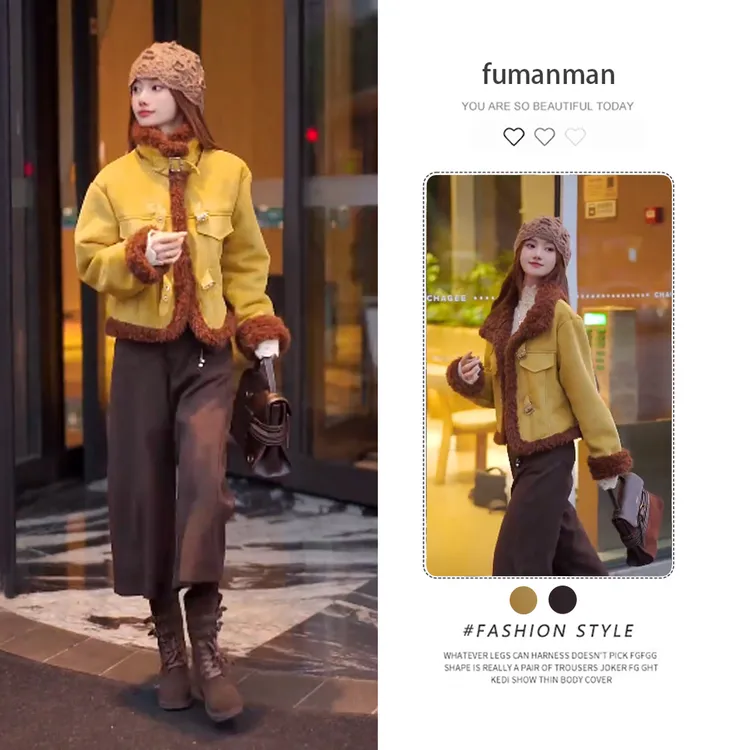 冬季时尚穿搭2025新款百搭时尚毛茸茸保暖外套复古阔腿裤两件套