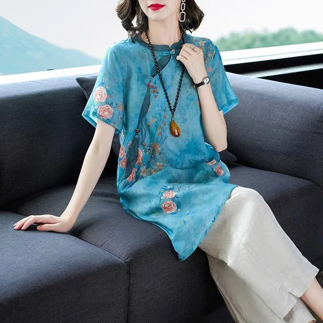 改良汉服复古套装女式祺袍洋气中国风两件套时尚苎麻唐装大码女装
