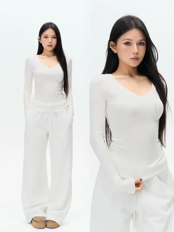 【加绒保暖冬季长裤】加绒保暖简约白色长款抽绳束腰带阔腿卫裤