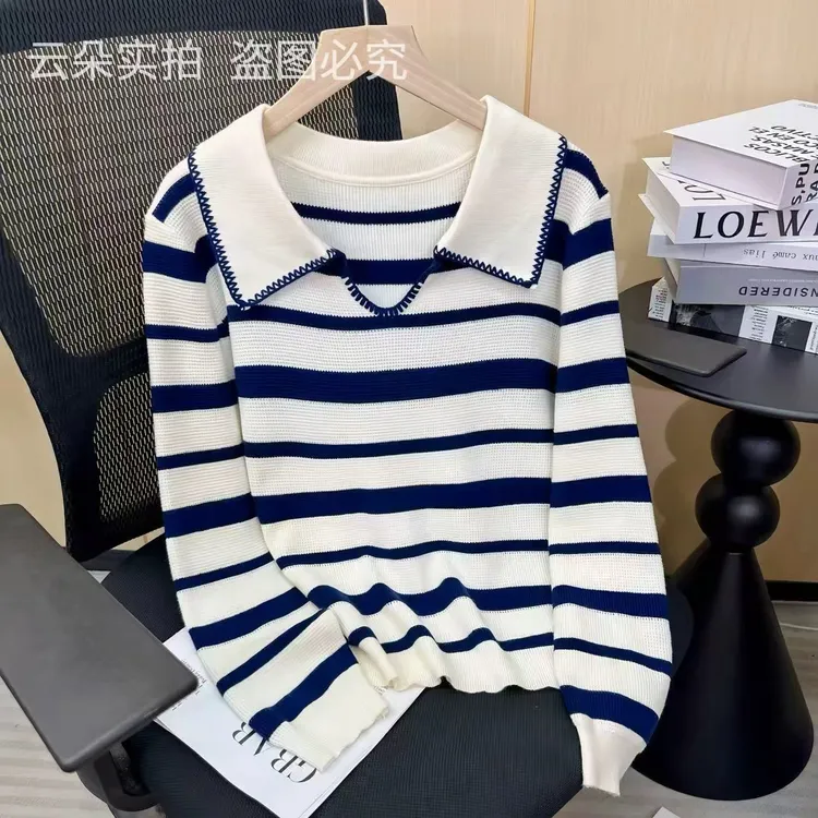 现货80-160斤翻领条纹长袖针织衫2025秋季时尚气质休闲百搭上衣女