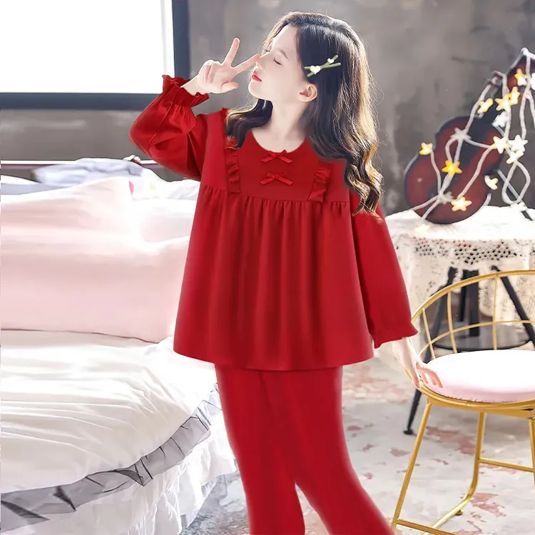 女童睡衣长袖春秋季纯棉大红色本命年儿童女孩公主风中大童家居服