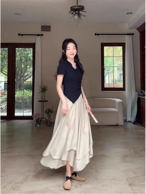 【雾白清秋】大码女装新中式国风套装肌理感不规则醋酸双层半身裙