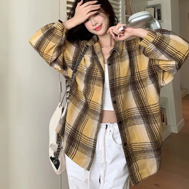 （6-10运补）早秋复古磨毛格子衬衫女秋冬新款百搭设计感宽松外套