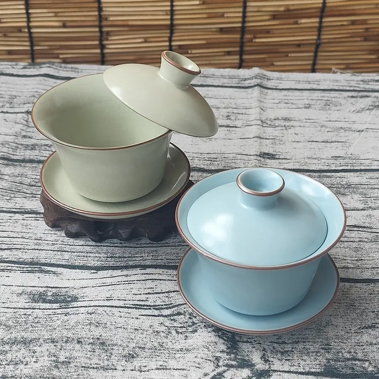 汝窑陶瓷三才盖碗茶悬停陶瓷茶碗高温瓷开片可养单泡茶碗功夫茶具