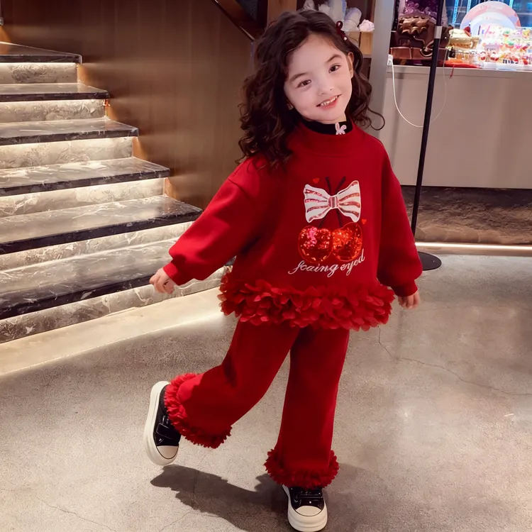女宝冬季套装2025年款儿童装加绒加厚卡通花边卫衣卫裤女童两件套