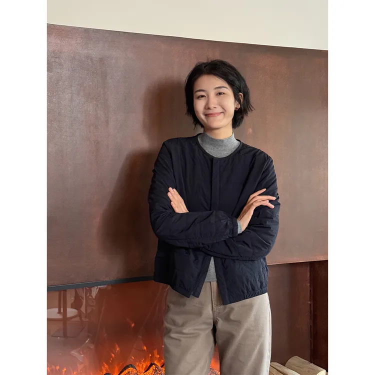 LANGQING 时尚横条衔缝轻薄通勤短款棉服外套女上衣46503#