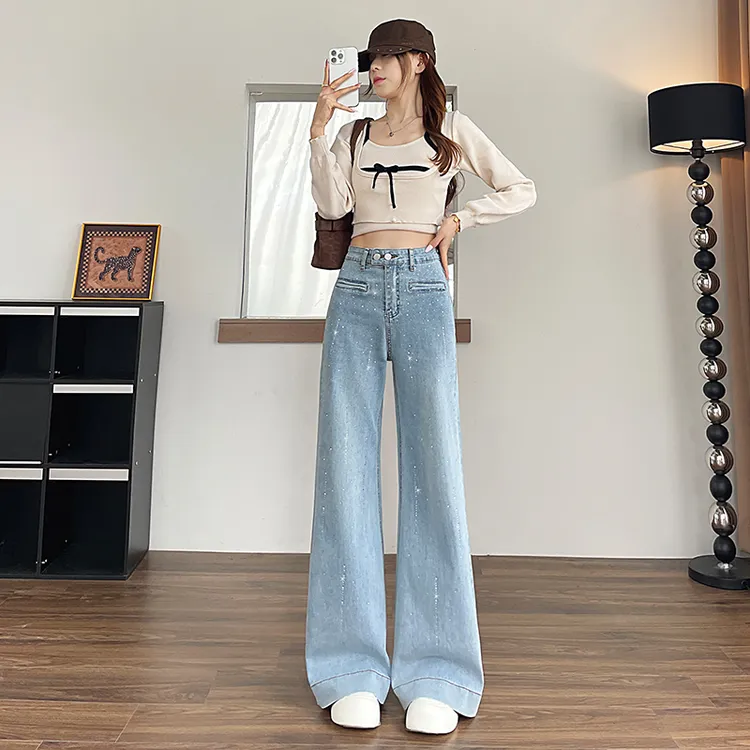 满天星加绒直筒牛仔裤女2025秋冬新款宽松遮肉显瘦烫钻加厚阔腿裤