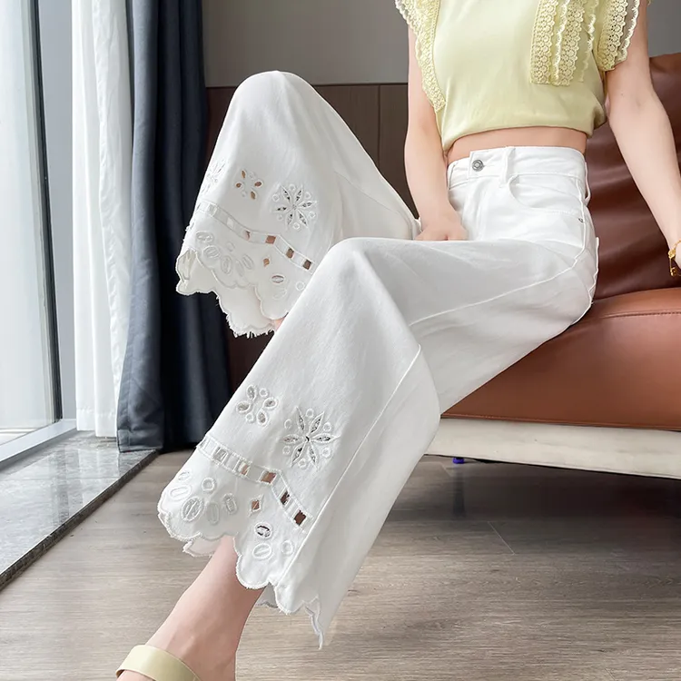 白色气质学院显瘦镂空刺绣小个子直筒牛仔裤女夏季薄款高腰阔腿