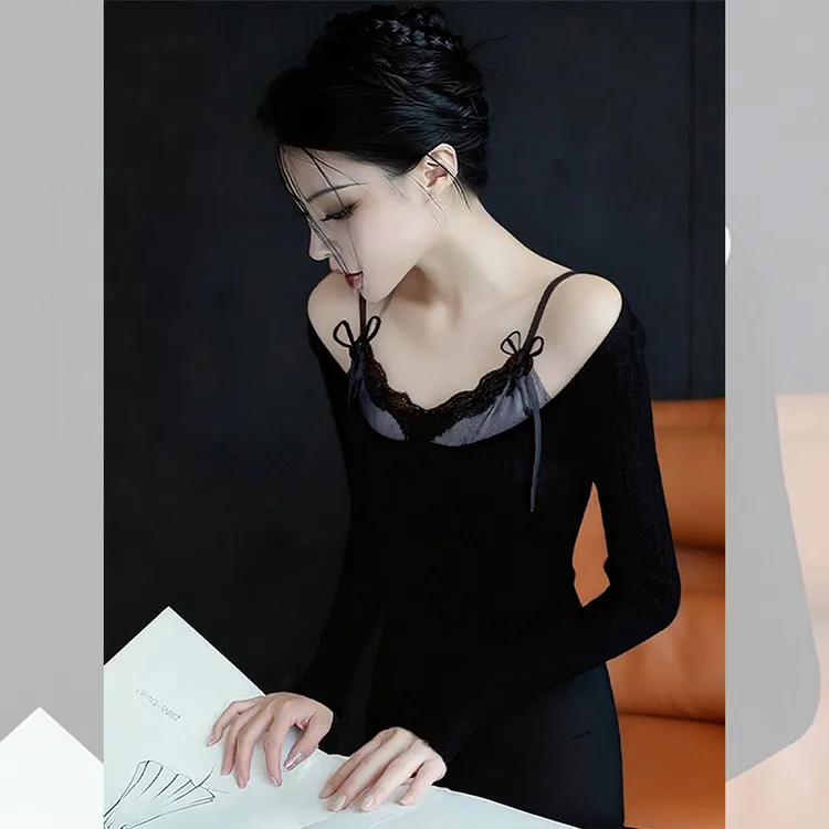 独特漂亮内搭假两件小衫露肩毛衣女秋冬季穿搭洋气高贵针织衫上衣