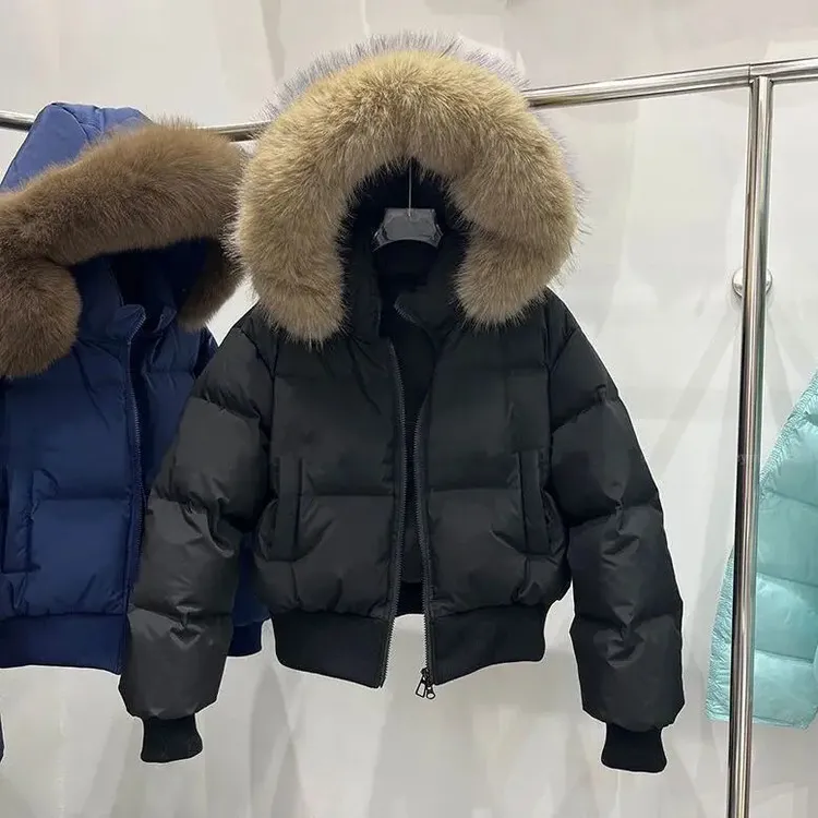 新款大毛领羽绒服女短款2025年冬季小个子收腰加厚面包服时尚外套