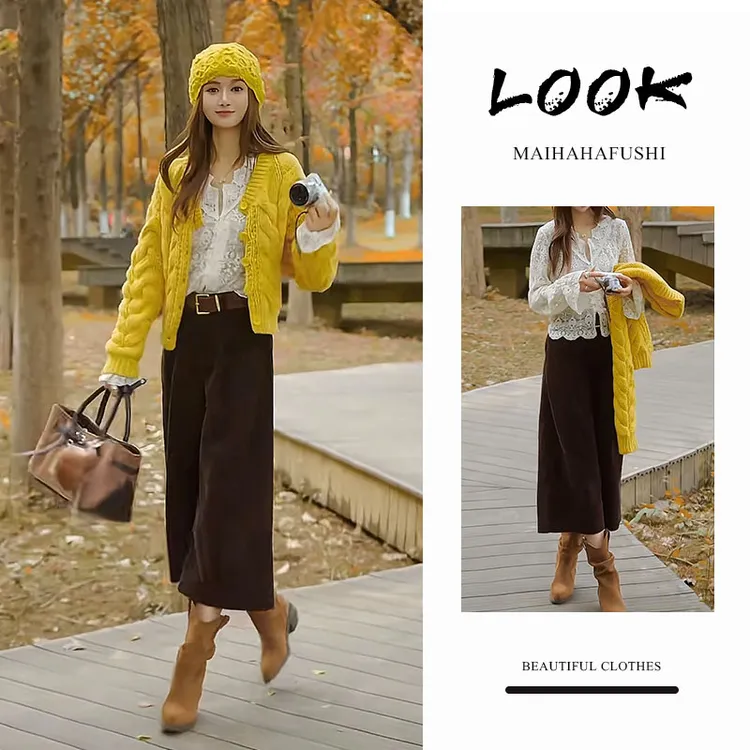 秋季一整套女装2025新款韩版短款针织毛衣蕾丝打底衫休闲裤三件套