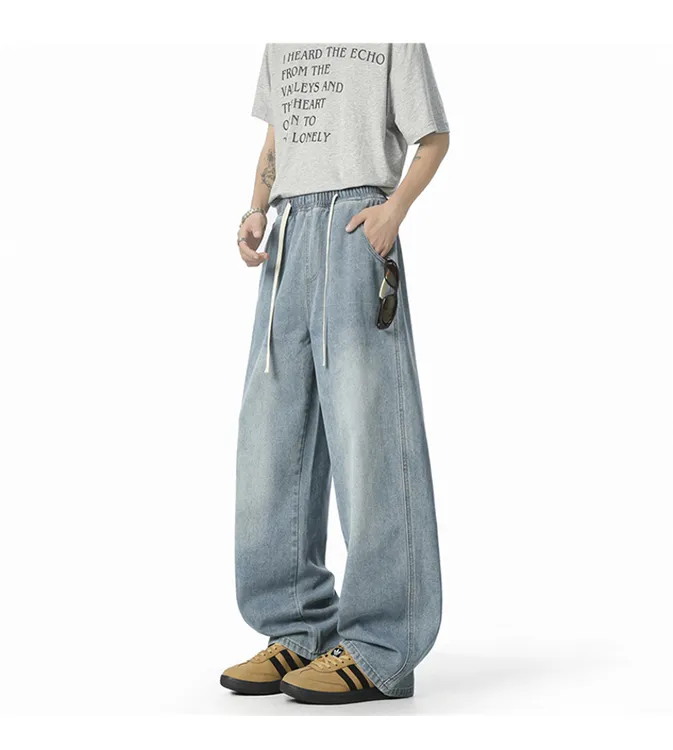 夏季男美式高街休闲百搭水洗设计感薄款潮流牛仔裤直筒宽松显瘦