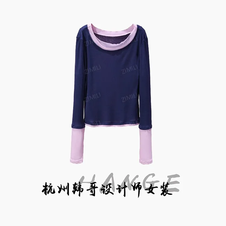 【韩哥女装】欧版藏蓝色撞色小众大圆领时尚休闲高弹上衣7951