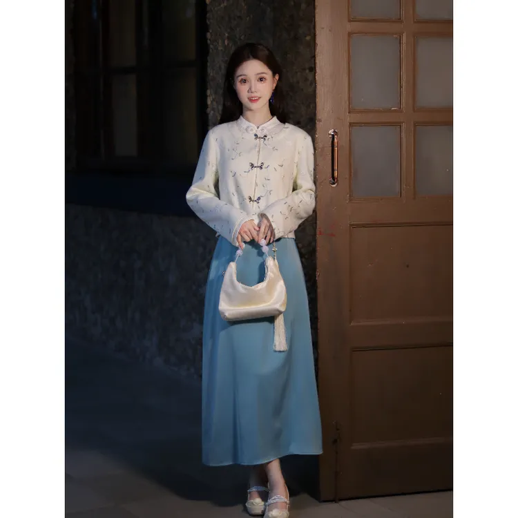 瑶西【木兰辞】外套长裙巨好看的秋冬新中式汉服蓝色裙子三件套