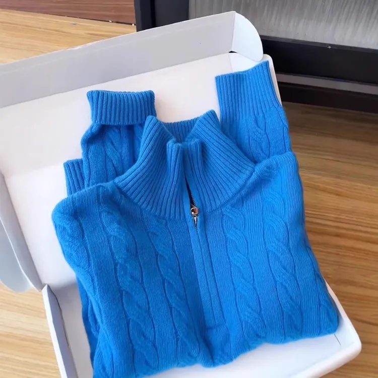 高级感克莱因蓝半拉链毛衣女秋冬新款宽松休闲减龄半高领显瘦上衣