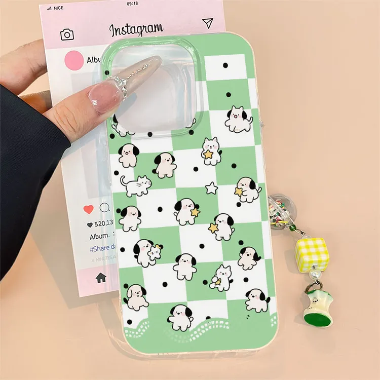 绿色格纹小狗适用苹果13手机壳iphone16pro/15小米vivo华为oppo