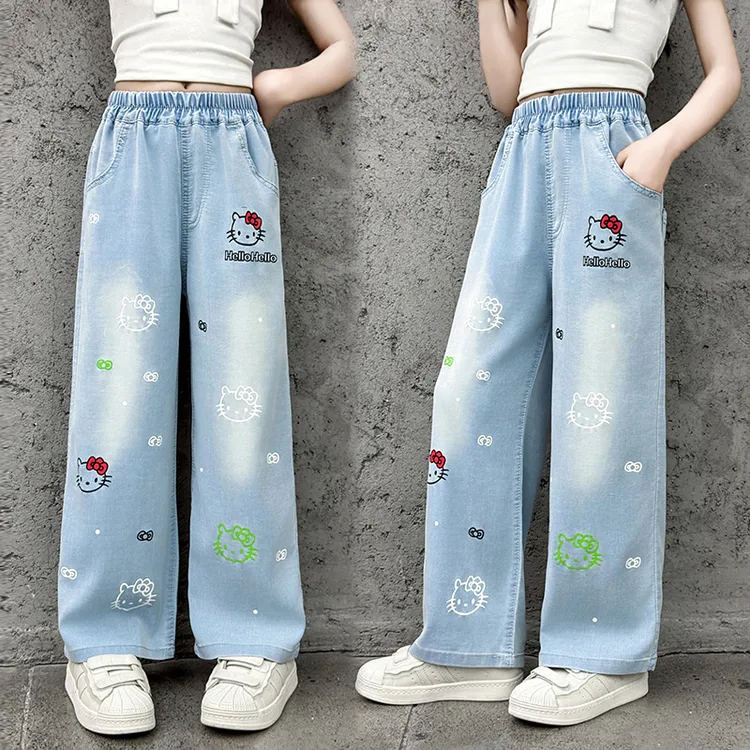 女童天丝2025夏季新款儿童洋气卡通洋气高温印花阔腿中小童牛仔裤