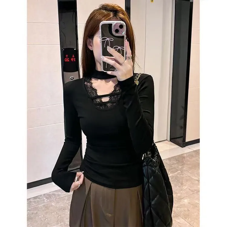 纯欲风显瘦蕾丝拼接v领挂脖长袖T恤女上衣秋冬修身磨毛保暖打底衫
