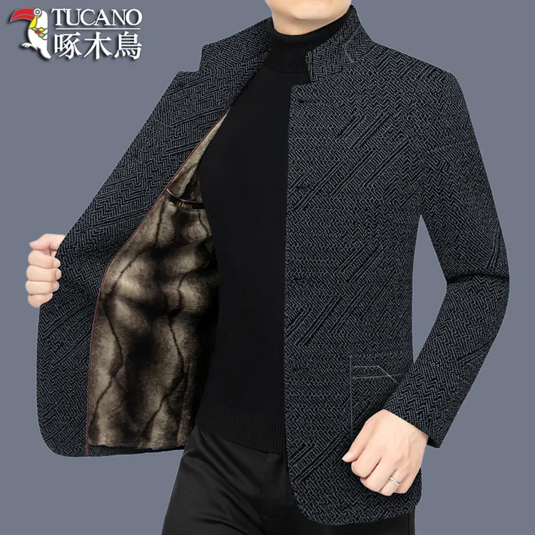 啄木鸟中年男士毛呢大衣冬装立领夹克厚款呢子外套加绒加厚爸爸装