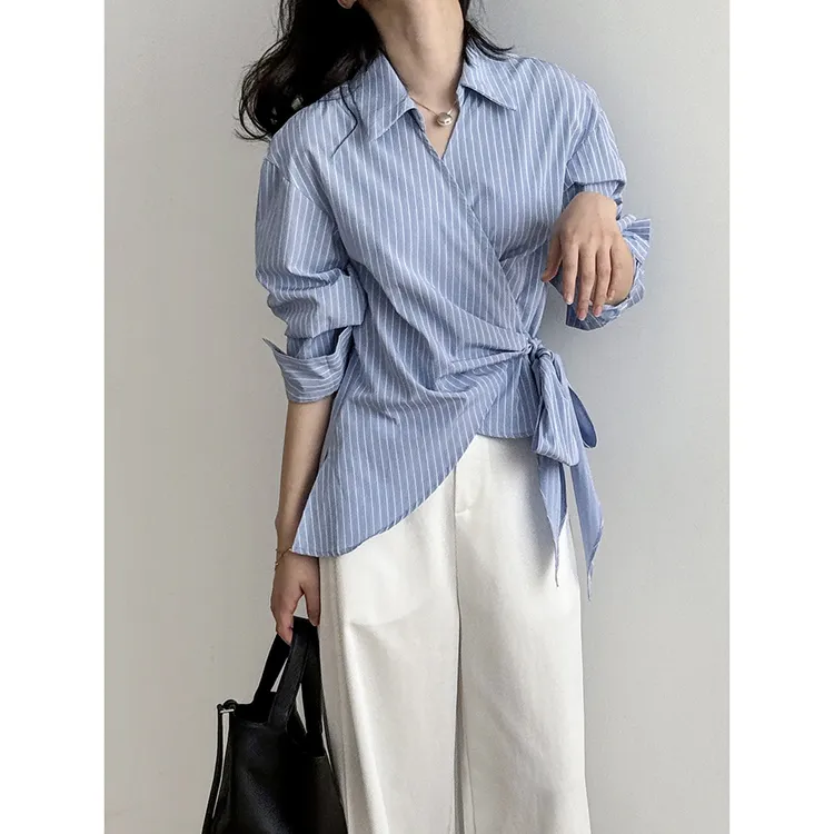 氛围感收腰交叉侧边系带衬衫女入夏穿搭韩系条纹衬衣纯棉上衣显瘦