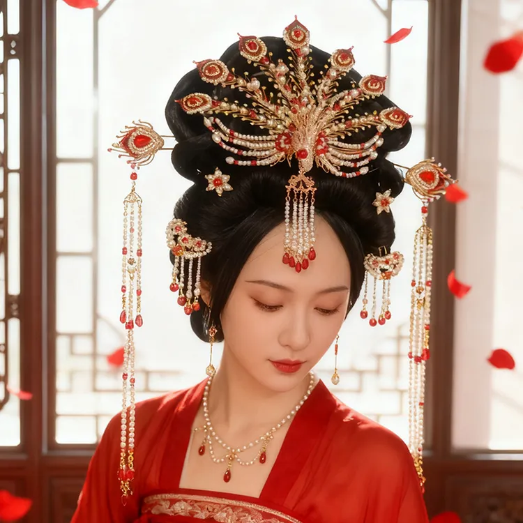 绛尾儿 原创金丝凤发冠套装 7尾串珠正凤 中国风汉服婚服新娘头饰