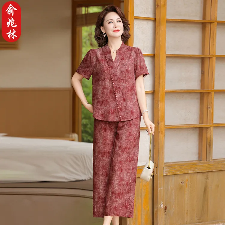 俞兆林妈妈装夏季时尚小衫套装中老年女装洋气减龄短袖上衣两件套