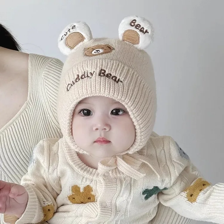 婴幼儿帽子秋冬季男女宝宝小月龄护耳保暖防风套头帽可爱超萌毛线