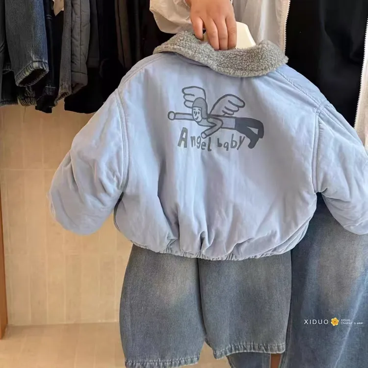 蓝色加绒外套男童女童韩版棉服翻领秋冬季儿童时尚短款保暖上衣