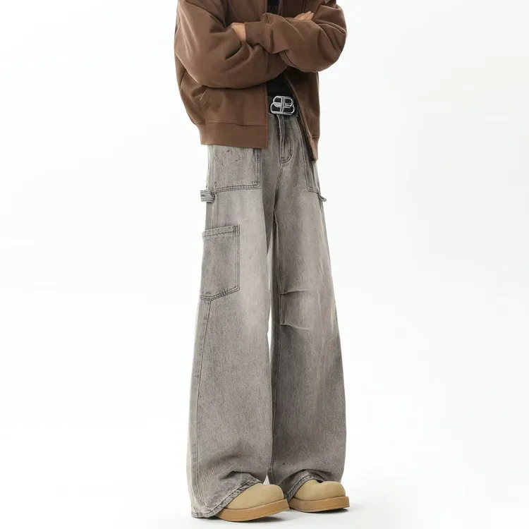 棉致2025新款情侣做旧水洗灰宽松高街工装牛仔裤长裤直筒春秋裤