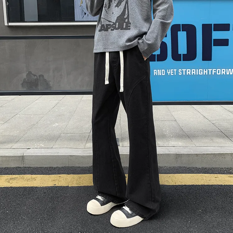 黑色拼接微喇牛仔裤男款春秋美式cleanfit裤子高街修身显瘦直筒裤