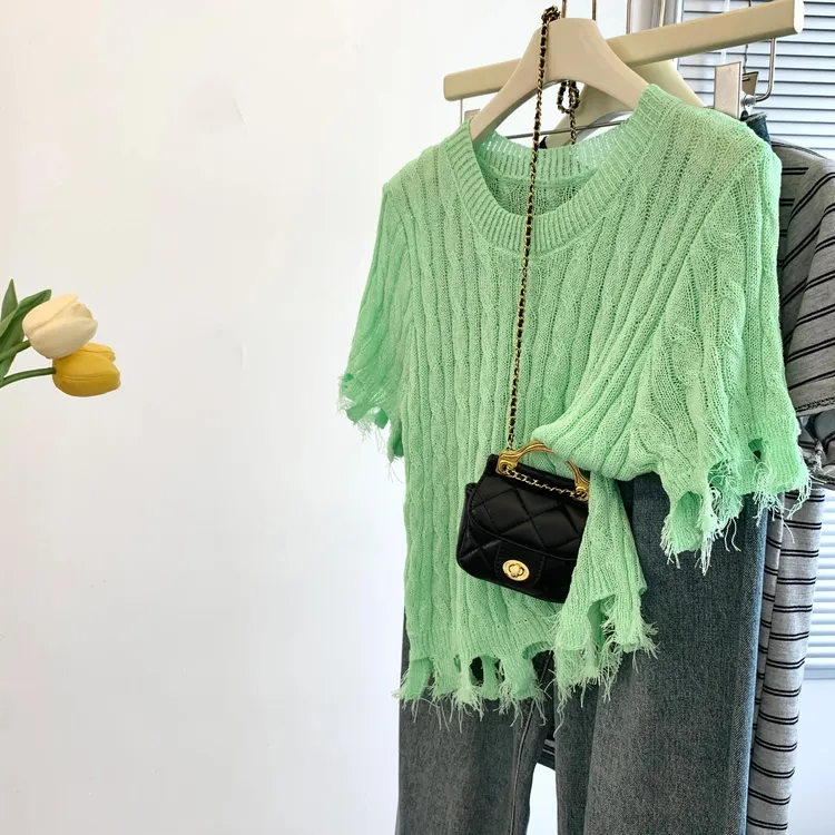 薄荷绿镂空破洞毛边针织衫女夏季新款小清新时尚气质冰丝圆领上衣