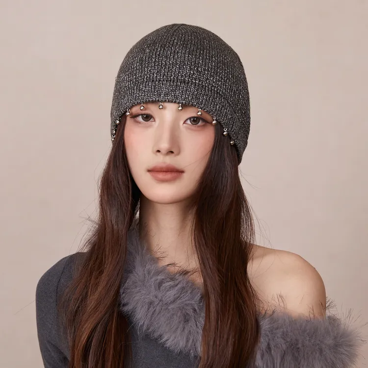 韩国潮款包头帽子女2025新款秋冬薄款针织帽设计感珠子毛线套头帽