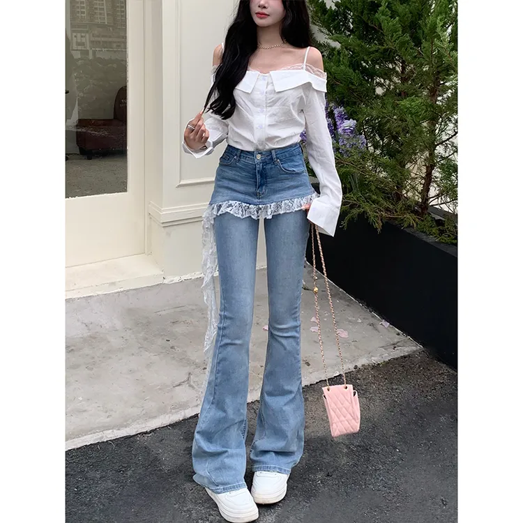 法式蕾丝花边微喇牛仔裤女2025秋季新款假两件高腰显瘦拖地裤子