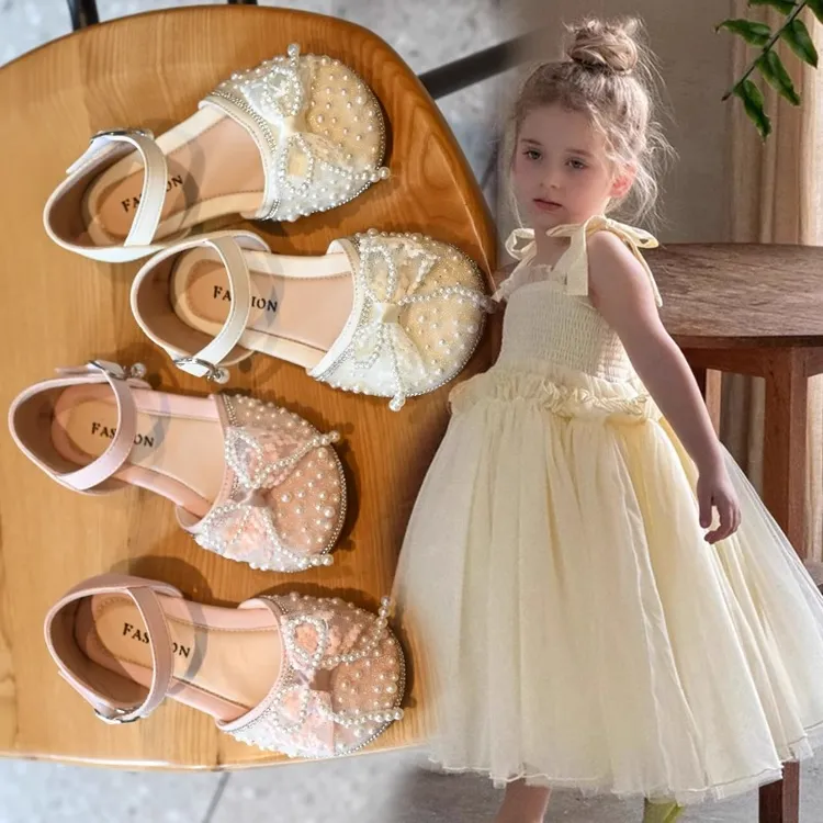 女童公主鞋2025春夏新款小女孩包头凉鞋中大童洋气软底珍珠水晶鞋