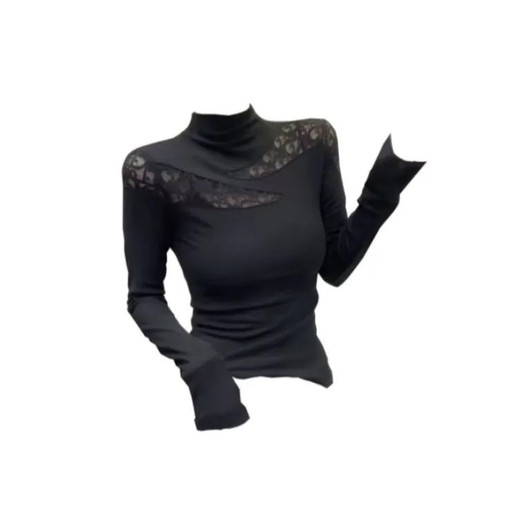 冬季新款半高领蕾丝镂空拼接洋气加绒打底衫T恤修身显瘦纯欲上衣