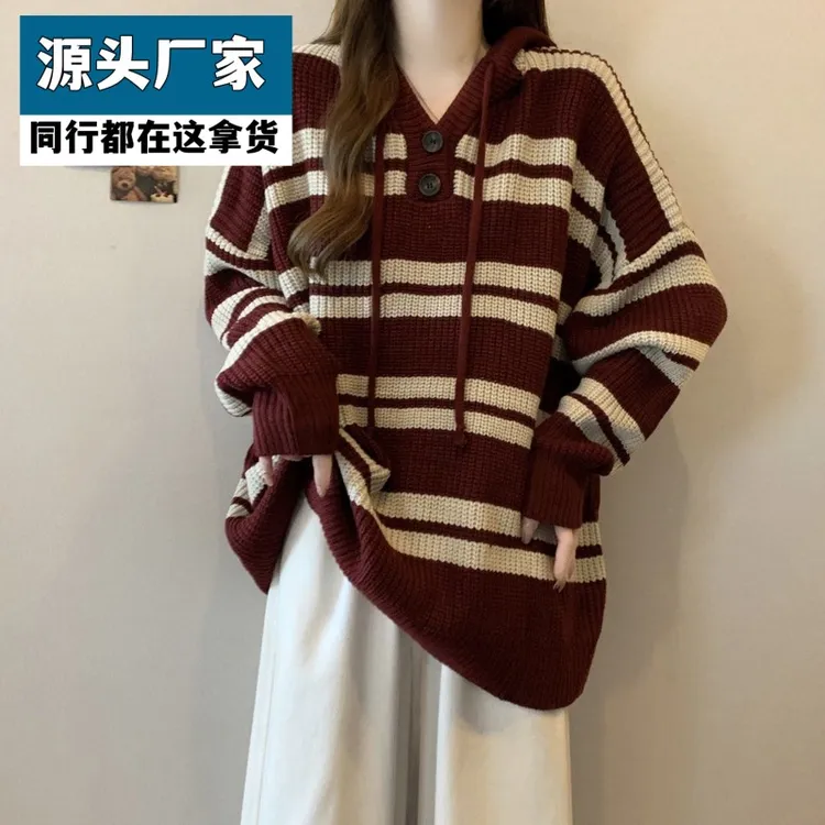 梵乐芬安可拉红色条纹针织衫连帽正肩卫衣女秋冬大码胖mm遮肚中长