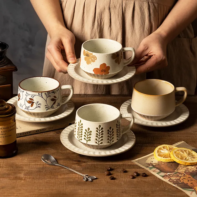 摩登主妇复古咖啡杯碟套装创意粗陶拉花杯子家用高档精致马克杯